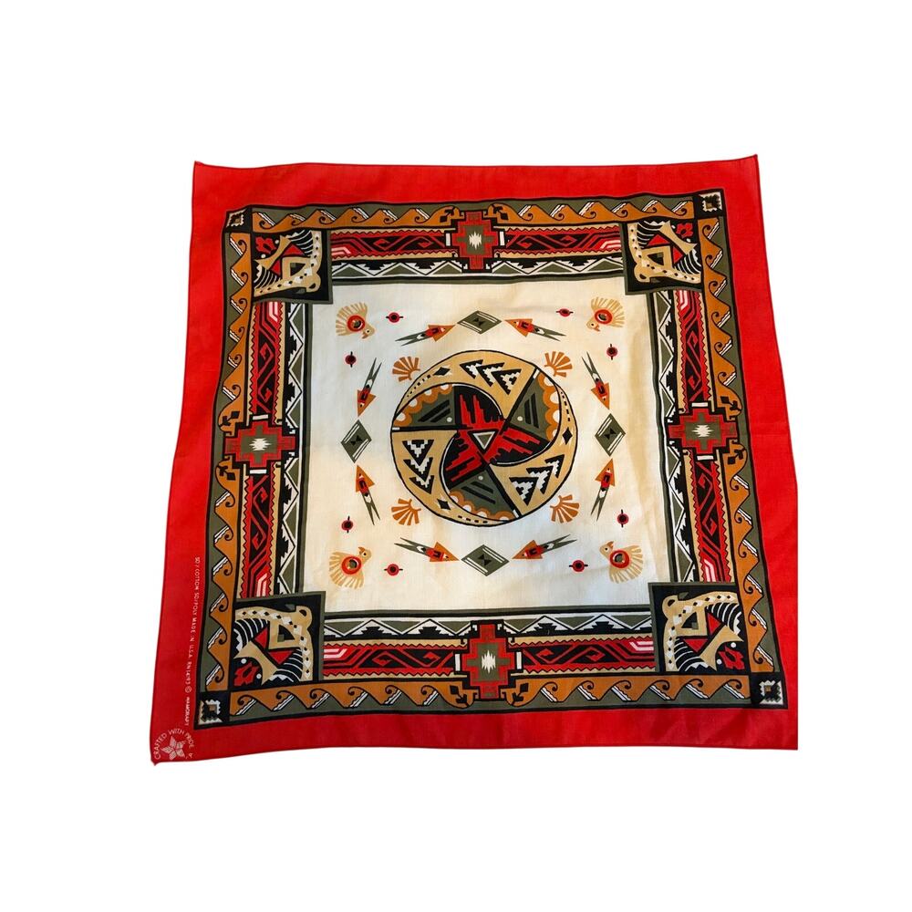 Vintage Wamcraft Aztec Pattern Bandana Red Made in USA Eagle Southwest 1990s Y2K
